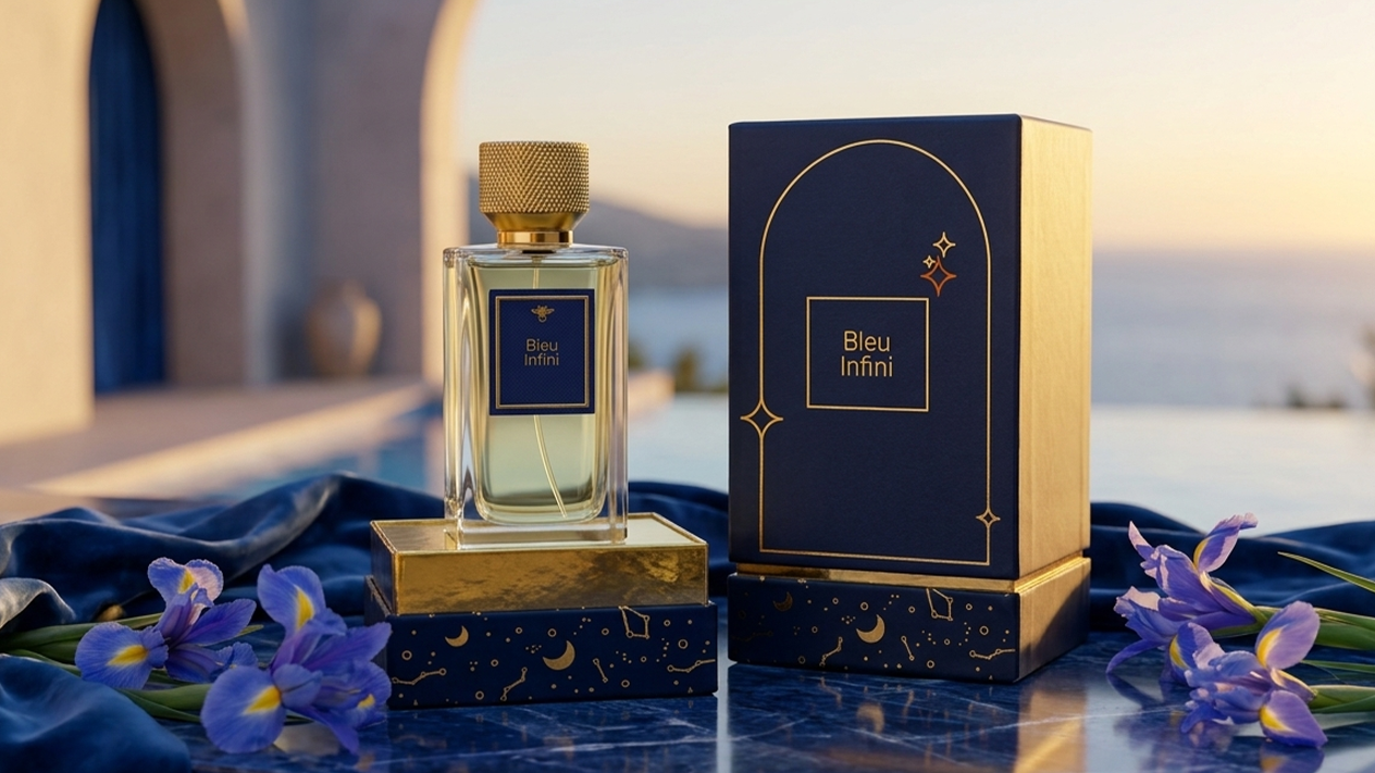 Flacon de parfum Bleu Infini de La Palette du Parfumeur, bouteille élégante de couleur bleue avec capuchon argenté.