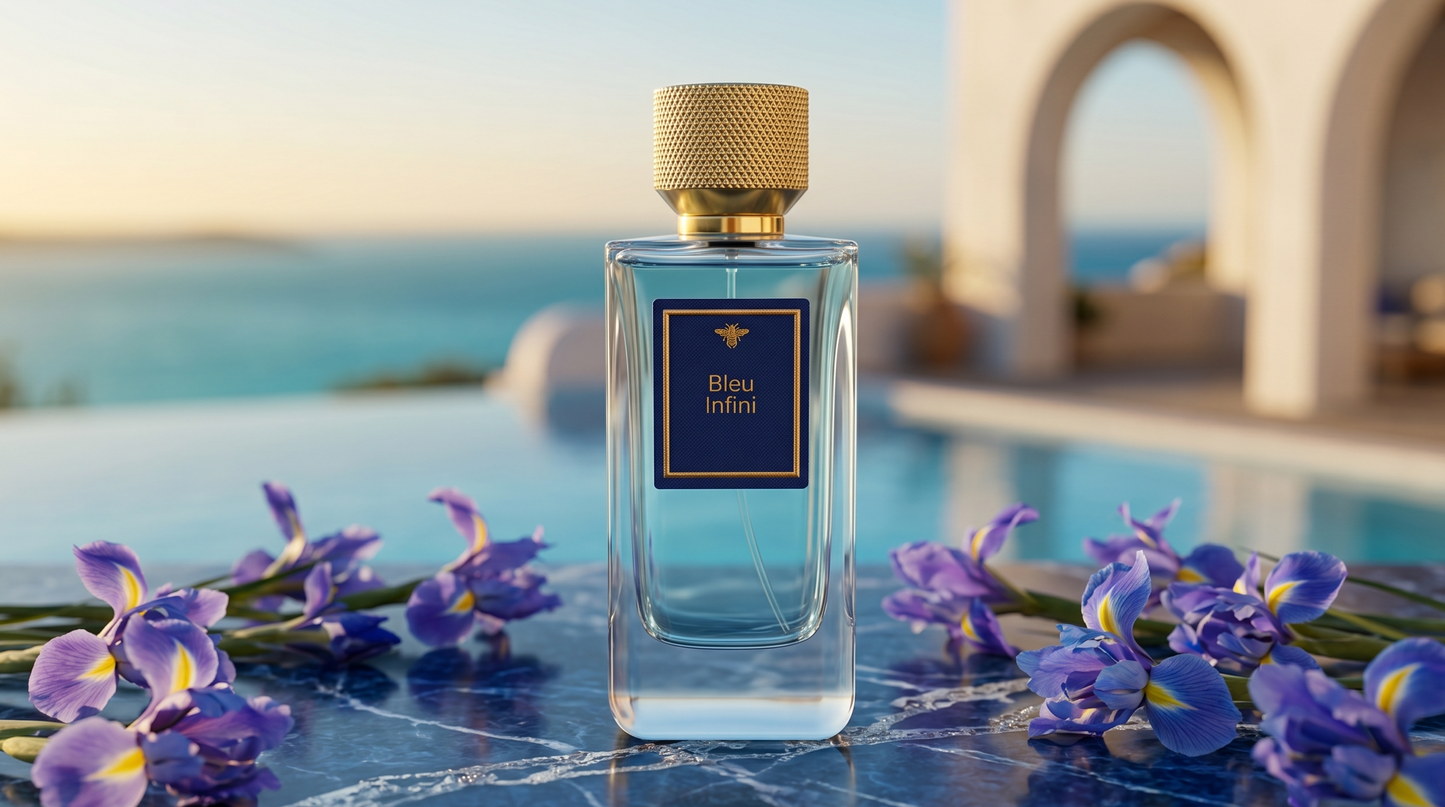 
                  
                    Flacon de parfum Bleu Infini de La Palette du Parfumeur avec un design élégant et une teinte bleue profonde.
                  
                