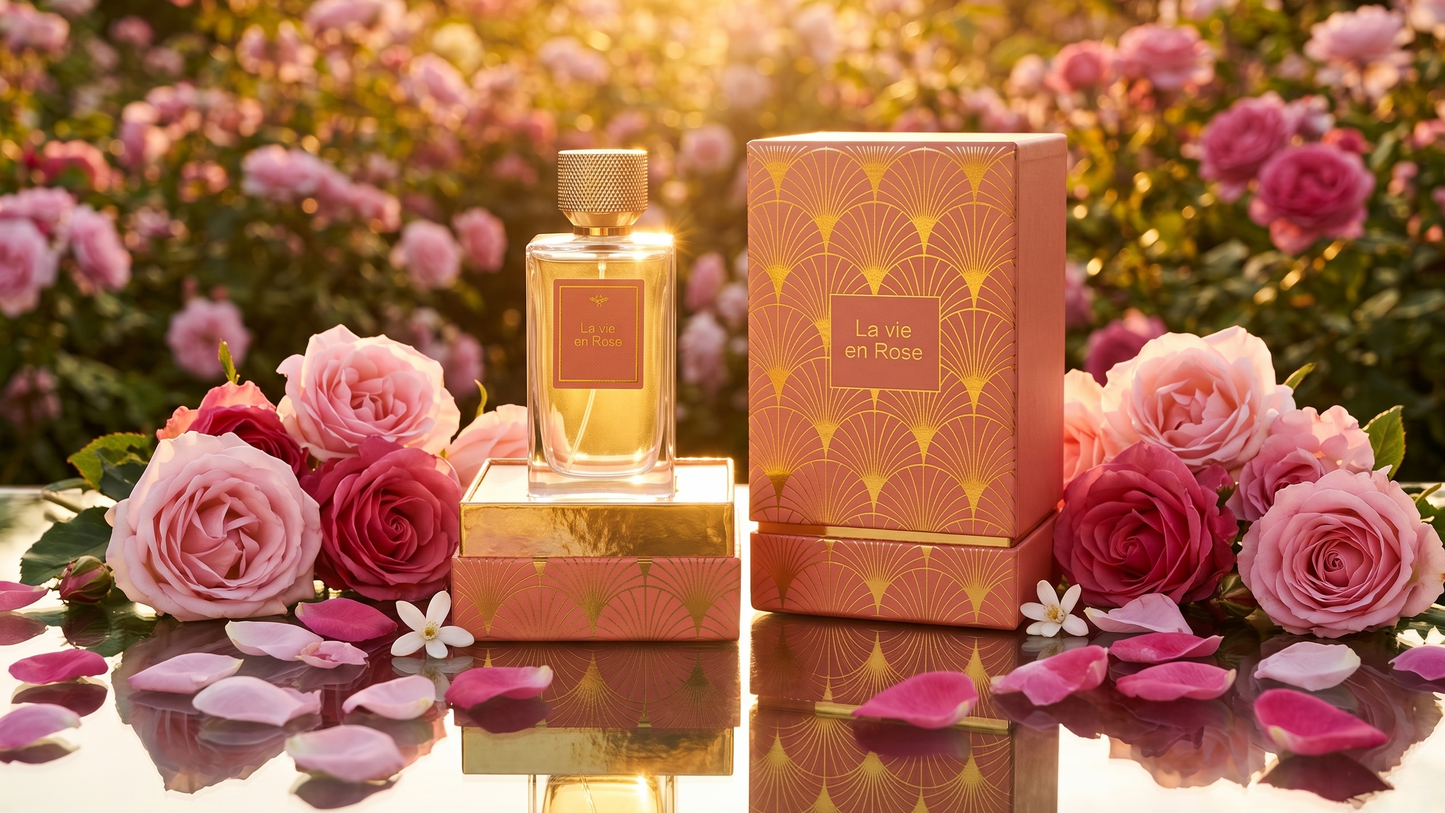 Flacon de parfum La Vie en Rose de La Palette du Parfumeur avec design élégant et étiquette rose.