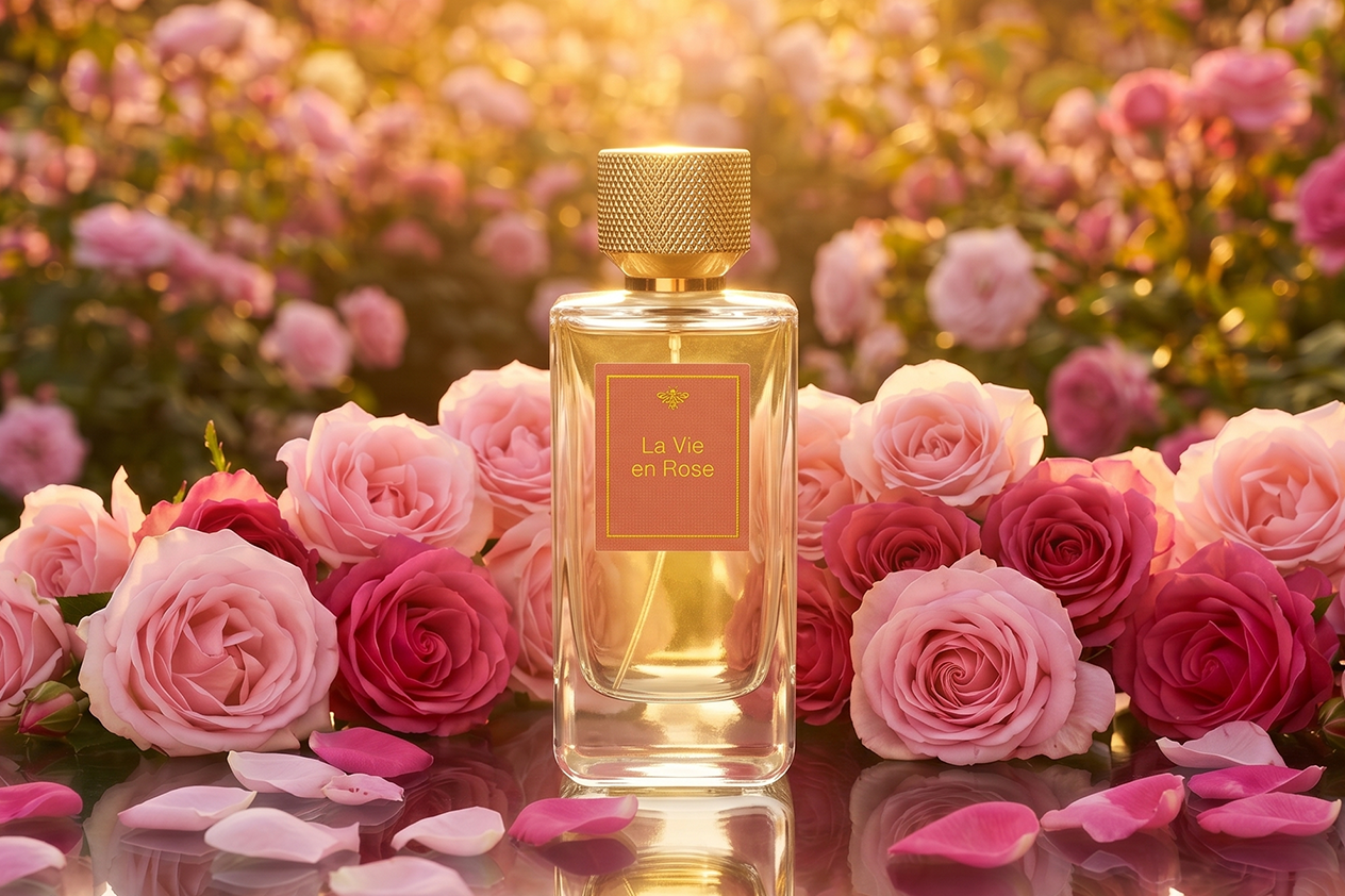 
                  
                    Flacon de parfum La Vie en Rose de La Palette du Parfumeur, élégante bouteille en verre rose pastel.
                  
                