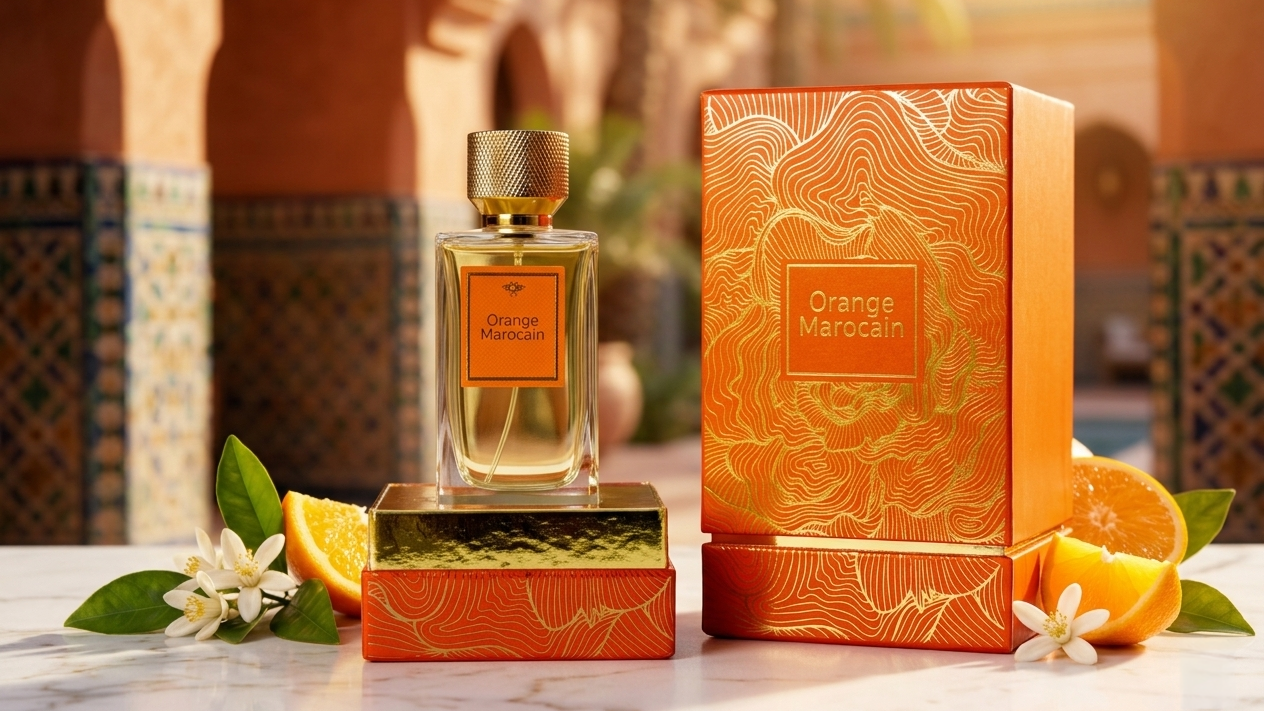 Orange marocain de La Palette du Parfumeur, vue d'une orange fraîche avec peau texturée et couleur vive.