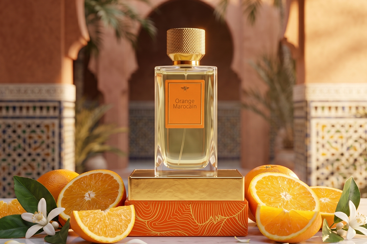 Orange marocaine de La Palette du Parfumeur, fruit orange frais avec peau texturée, illustration naturelle et colorée.