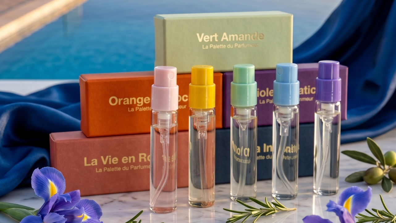 Ensemble de découverte La Palette du Parfumeur avec plusieurs petits flacons de parfum dans une boîte élégante.