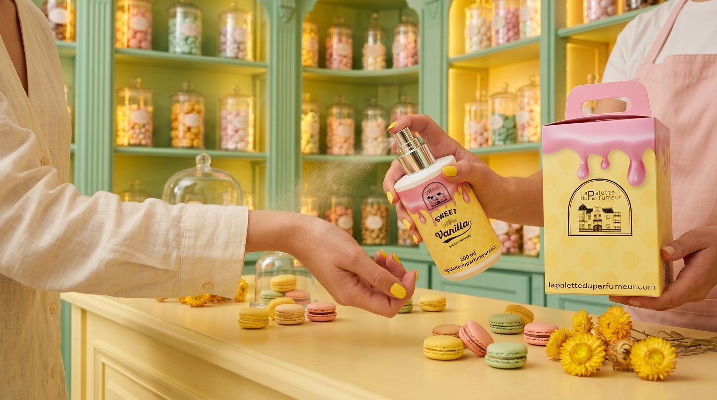 
                  
                    Brume parfumée à la vanille douce de La Palette du Parfumeur, bouteille élégante avec parfum vanillé chaud et sucré.
                  
                