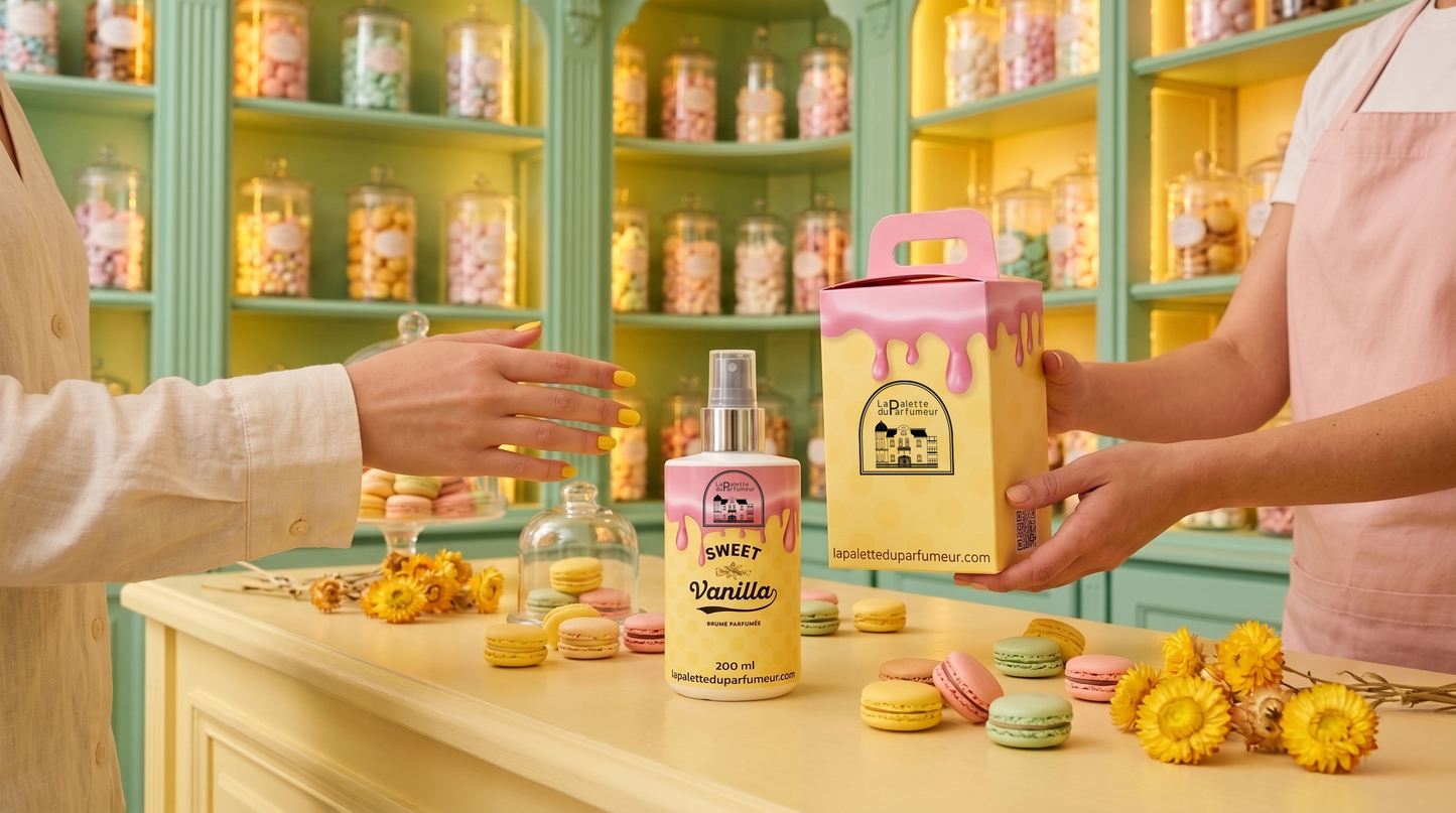 Brume parfumée douce à la vanille de La Palette du Parfumeur, flacon élégant avec vapeur de parfum.