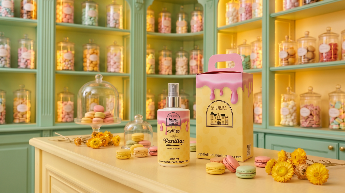Brume parfumée douce à la vanille de La Palette du Parfumeur, flacon élégant avec parfum sucré et chaleureux.