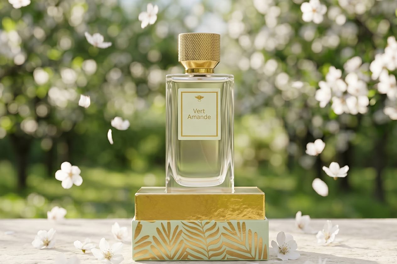 Crèche Vert Amende de La Palette du Parfumeur avec décoration verte et amande, en tissu doux et élégant.