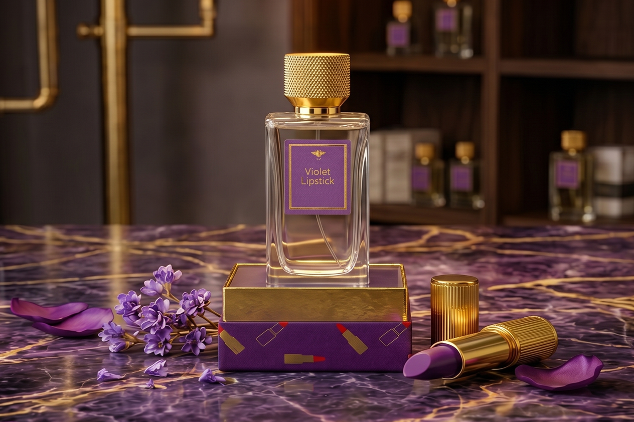 Rouge à lèvres violet de La Palette du Parfumeur dans son étui, mettant en valeur la couleur violette et la texture du produit.
