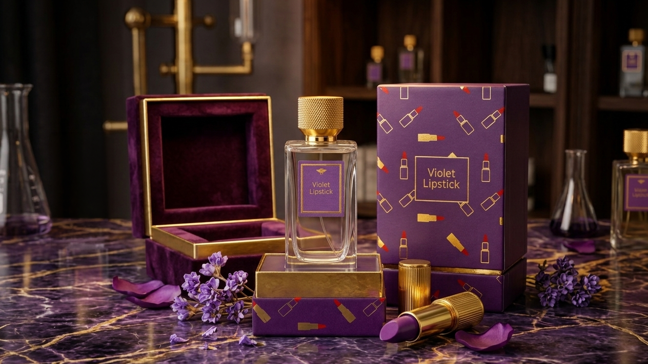 Rouge à lèvres violet de La Palette du Parfumeur, montrant la couleur violette et le tube élégant du produit.